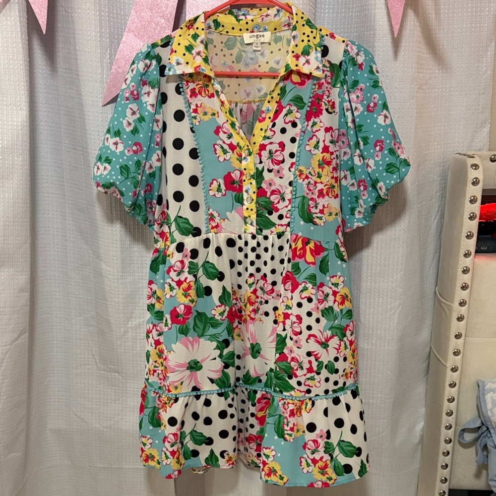 Umgee Yellow Floral and Polka Dot Dress